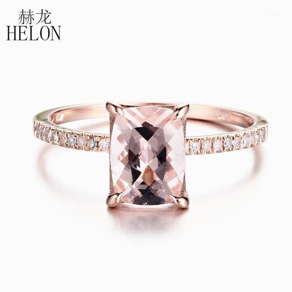 

cluster rings helon solid 14k rose gold au585 certified cushion 8x6mm natural morganite & diamond engagement wedding women trendy jewelry ri, Golden;silver