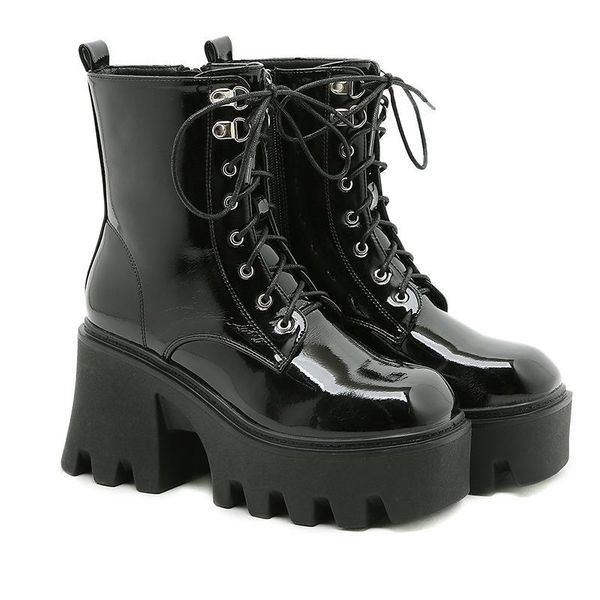 

boots classic chunky motorcycle for women autumn winter fashion round toe lace-up combat ladies high heels shoes, Black