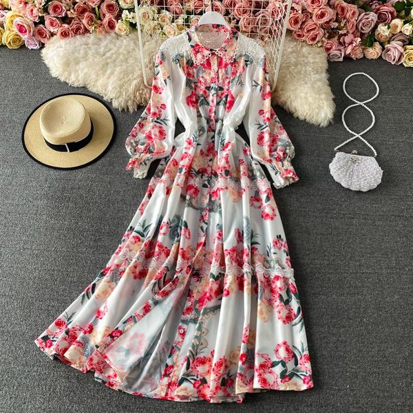 

casual dresses 2021 spring temperament vestidos female lapel puff sleeves breasted slim retro printed holiday midi dress 393, Black;gray