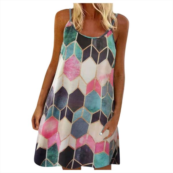 

fashsiualy summer sundresses casual women cami sleeveless print o neck loose all match camisole mini dress robe femme, White