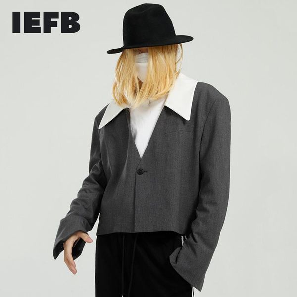 

iefb men's clothes korean fashion short blazer ins handsome belt design 2021 spring new suit coat color block collar 9y5834, White;black