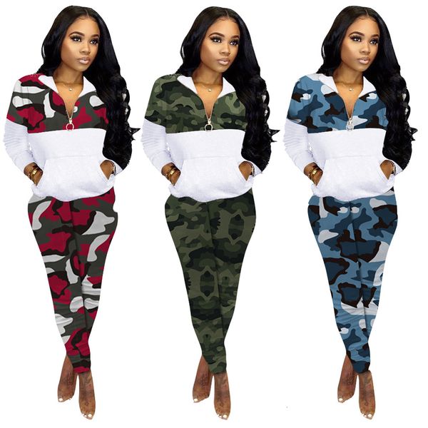 

2021 new 2 piece set women fall winter clothes camouflage zip jacket patchwork pants pocket sweatsuit outfit wholesale dropshipping 0keg, Gray