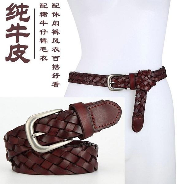 

belts italian leather handmade woven belt for women retro luxury asjuatble strap female casual genuine wide waistband, Black;brown