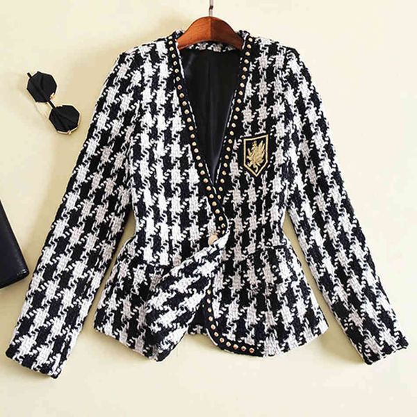 

women's wool & blends s-xxl blazer women coat fashion designer single button rivet plaid tweed jacket spring tavv, Black