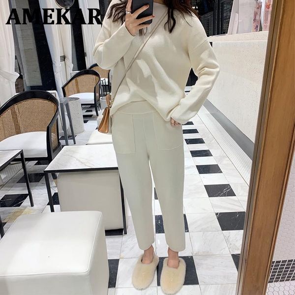 

women's two piece pants t-shirt sets of fine knitted or crocheted sweaters fashion sport suit, White