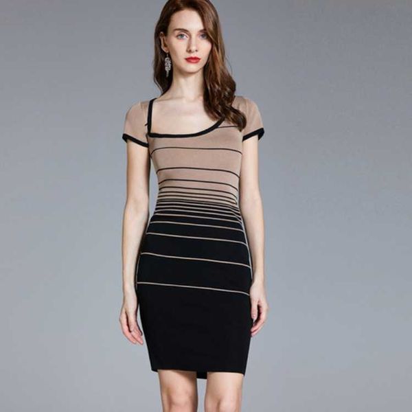 

fashion irregular collar striped short sleeve bodycon pencil dresses summer knit thin elegant party dress 210526, Black;gray