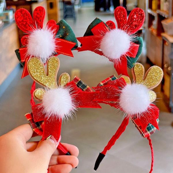 

hair accessories girls make up face wash stereoscopic antler plush ball korean children headband christmas bands, Slivery;white