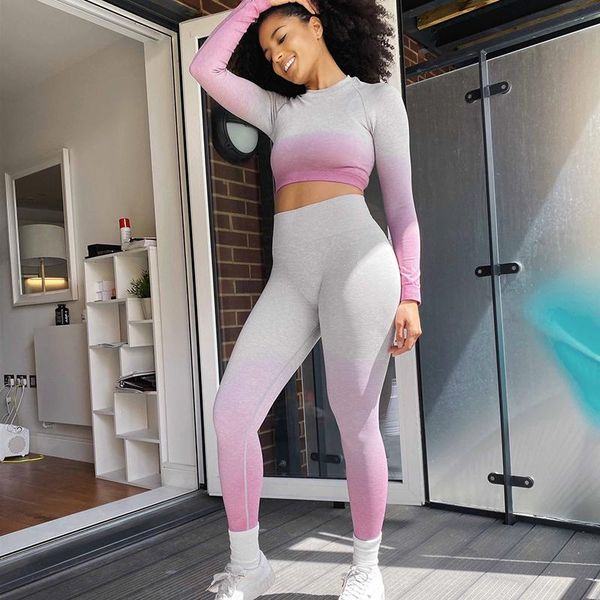 

yoga outfits 2021 gym tracksuit women hom clothing gradient long sleeve leggings set sportwear seamless running fitness suit, White;red