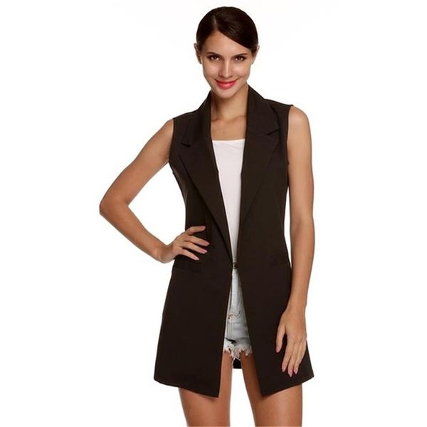 

women's vests women solid color cardigan coat elegant office lady casual jacket pocket outwear waistcoat colete fashion sleeveless, Black;white