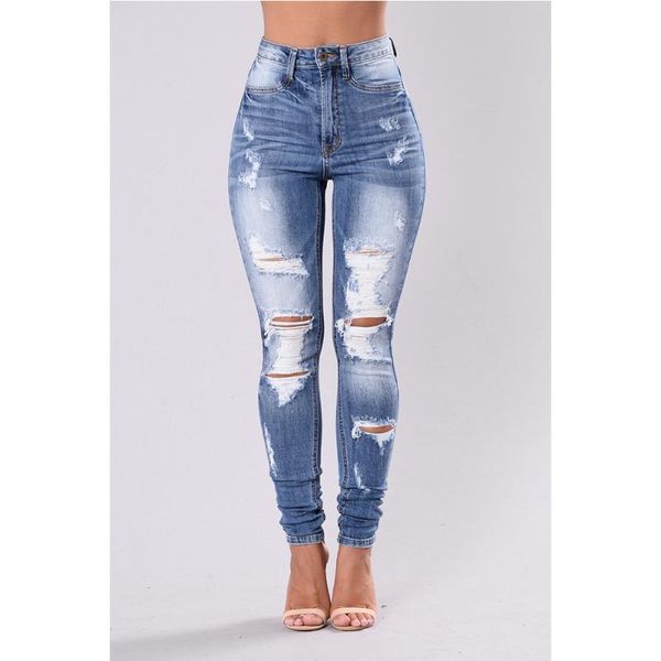 

women's jeans ladies high waist denim pants hole ripped for women casual woman washed destroyed skinny trouser fashion mom d25, Blue
