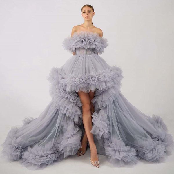 

elegant tulle prom dresses gray high low luxury layered women formal evening dress strapless ruched fluffy event gown, Black