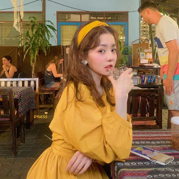 

casual dresses women spring yellow full sleeve vintage long dress high waist solid color brief midi sundress, Black;gray