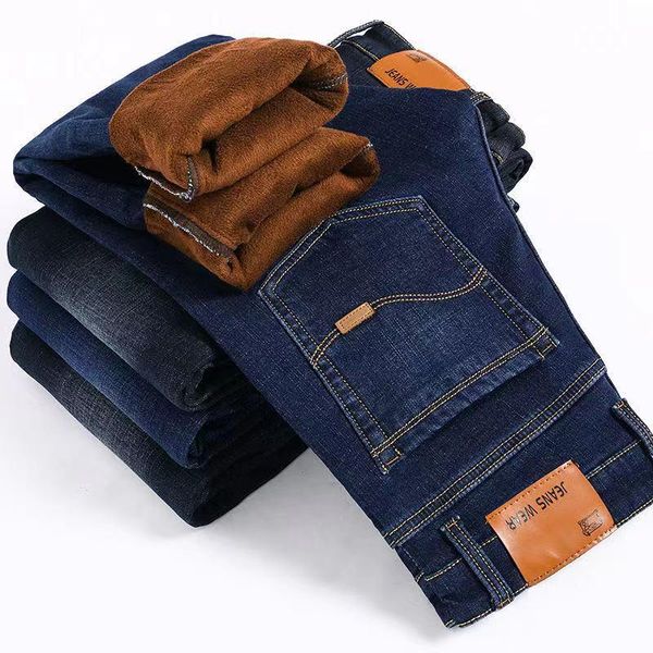 

men's jeans 2021 winter warm business casual elasticity thick slim fleece denim pants brand trousers black blue man