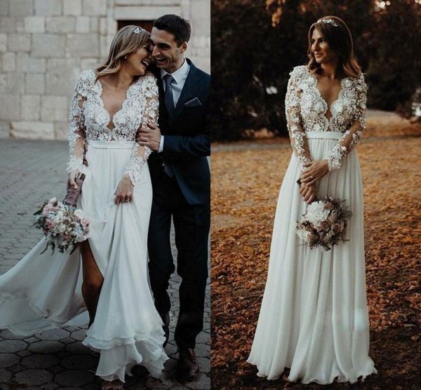 

country a line wedding dresses lace appliques deep v neck long illusion sleeves bridal gowns sweep train bohemain wedding dress, White
