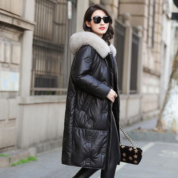 

women's leather & faux the 2021 sheep fur coats haining jacket female long collars coat, Black