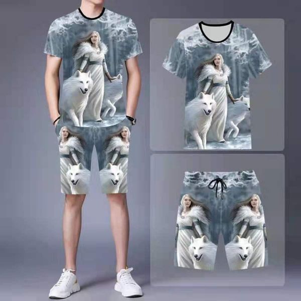 

men's tracksuits summer short-sleeved 3d beauty wolf print t-shirt trendy + shorts 2-piece casual short suit, Gray