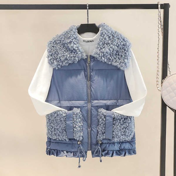 

winter korean zipper vest female fashion lamb hair patchwork waist cotton jacket women 210601, Black;white