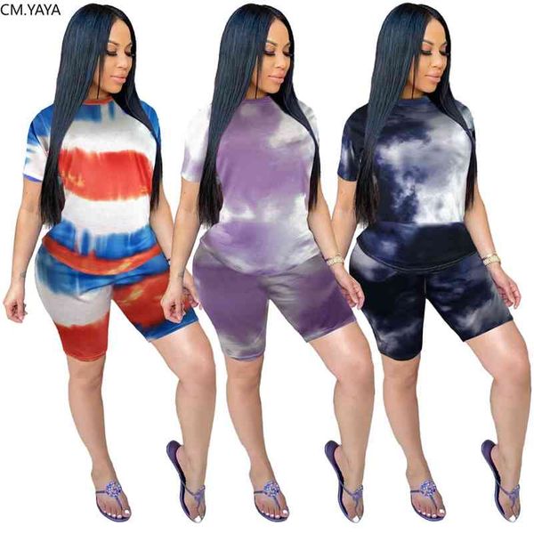

cm.yaya casual tie dye print women two piece set tee shorts jogger sweatpants suit tracksuit matching set fitness outfits 210709, White