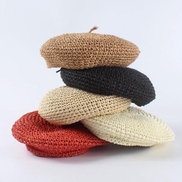 

pragmapism 2021 style beret women summer hat straw hats retro pure for kids girls chapeau de paille cap berets, Blue;gray
