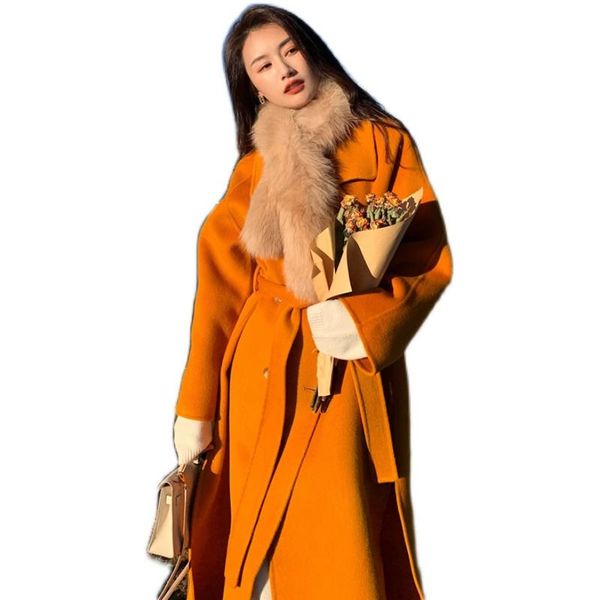 

women's wool & blends 2021 autumn 100% coats double-faced woolen coat fashion long double breasted jackets with belt manteau femme gmm5, Black