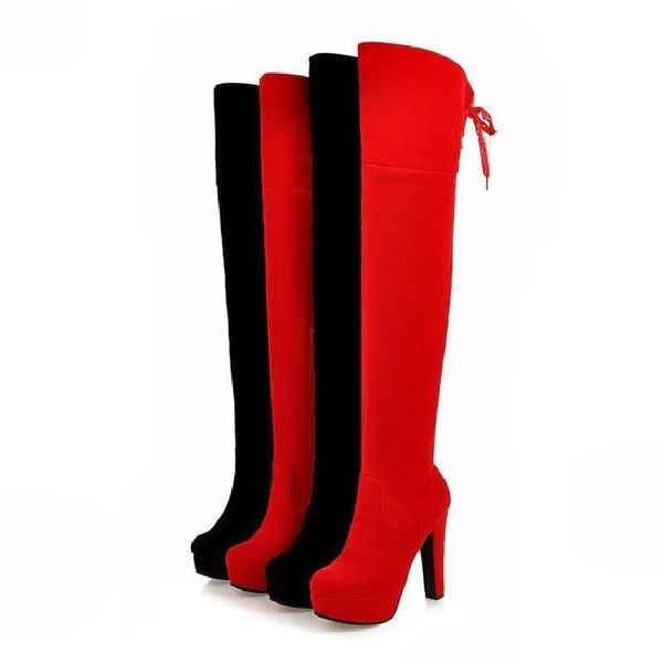 

boots winter thick heels high knee women's round toe red large 40-43, Black