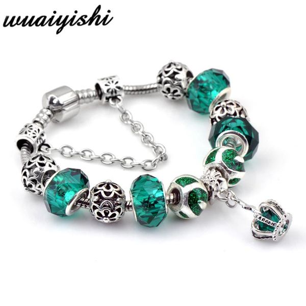 

charm bracelets 2021 real green crown chain glass crystal beads bracelet for women fits pan fine jewelry diy gifts girls, Golden;silver