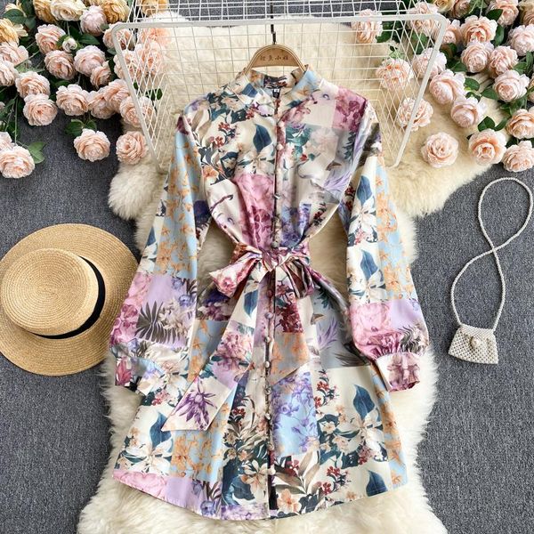 

casual dresses fashion runway women dress elegant party a-line long sleeve luxury high waist 2021 autumn ethnic pringting slim 3945, Black;gray