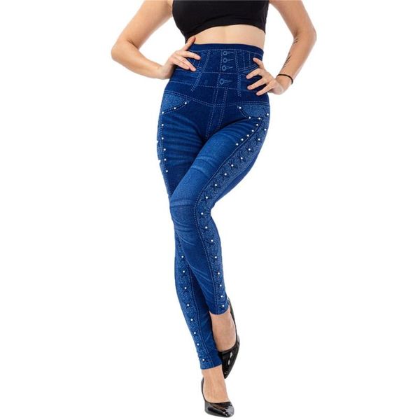 

yoga outfit leggings women's casual imitation cowboy bead high elasticity slim cropped pants women fashion kobieta spodnie #5