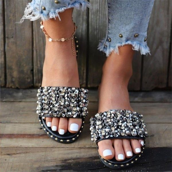 

slippers ladies crystal beaded flat comfortable casual sandals open toe shoes summer outdoor beach 2021 large size, Black