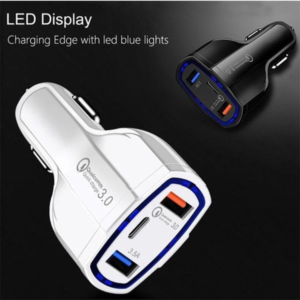 100DHL QC3.0 Carregadores rápidos de carregamento rápidos com LED Light Light Type-C PD Carregador de carro para telefone preto branco 2 cores