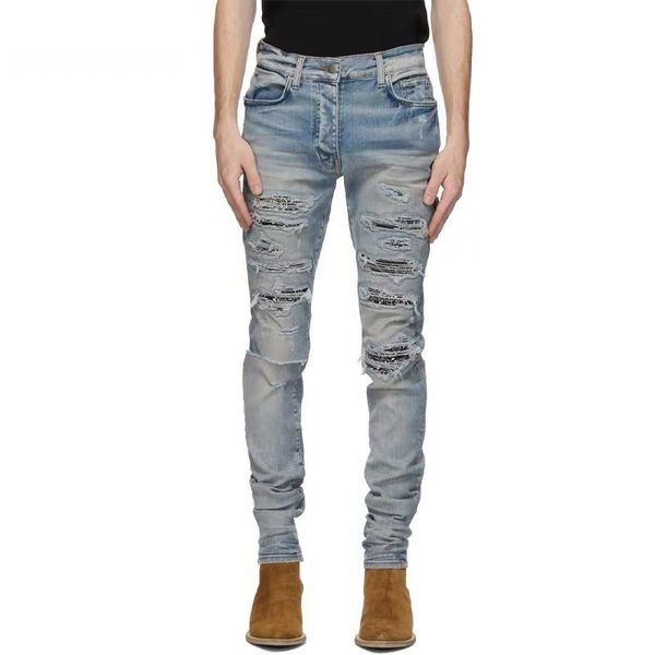 

fashion brand am style big damage cashew blossom patch slim fit hole small foot slp denim pants men's fashion, Blue