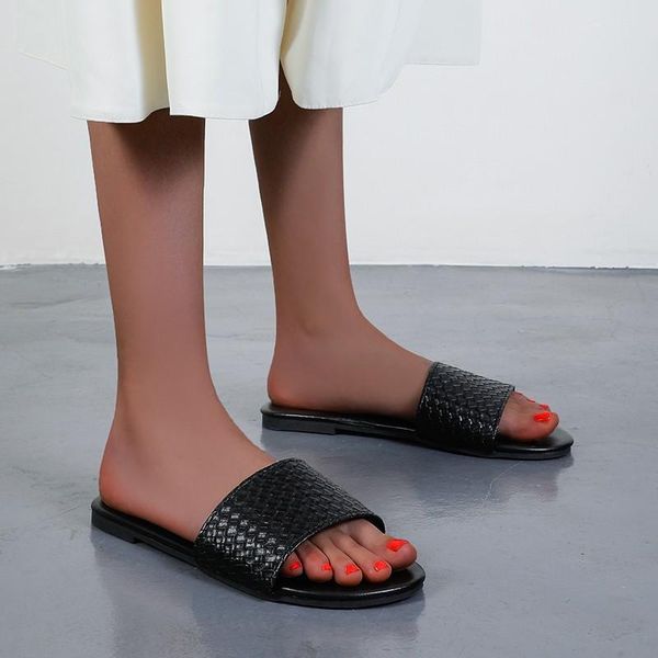 

slippers bohemia women outdoor casual fashion flat beach shoes summer soft open toe weave comfortable ladies slides big size 41, Black