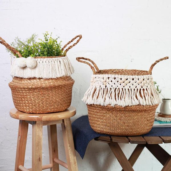 

storage baskets hand-woven straw basket decoration flower pot ins wind home for organizing