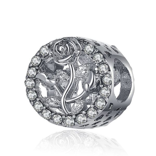 

fit pandora charm bracelet european silver charms beads rose flower crystal pendant diy snake chain for women bangle necklace jewelry, Black