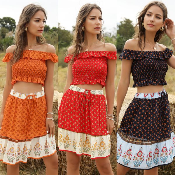 

2021 new summer slash neck two piece set women + skirts suit casual sets outfits woman clothes harajuku ropa mujer tracksuit rrw1, White