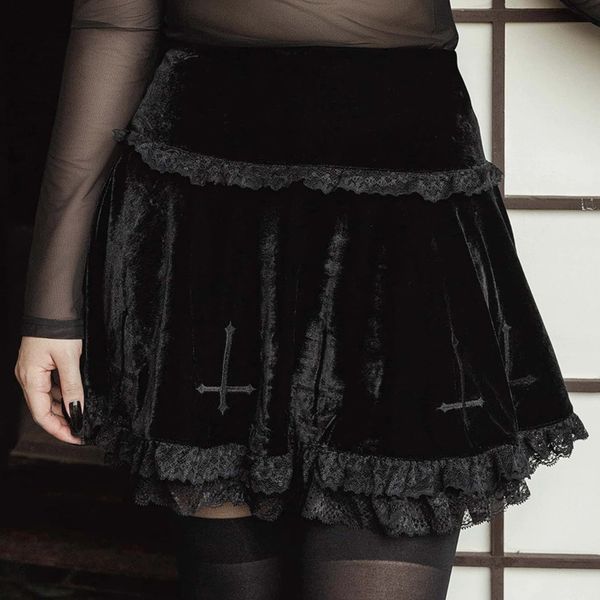 

goth cross black skirt vintage lace trim a line mini skirt gothic grunge y2k high waist ruffle summer skirt women 2021