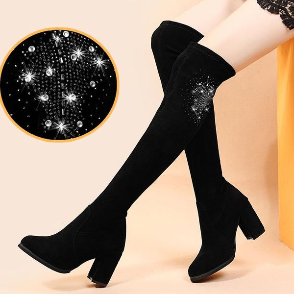 Stivali di lusso Crystal Thigh High Donne Inverno Back Zipper Square Tacchi Long Donna Slim Fit Platform Shoes Shoes Ladies