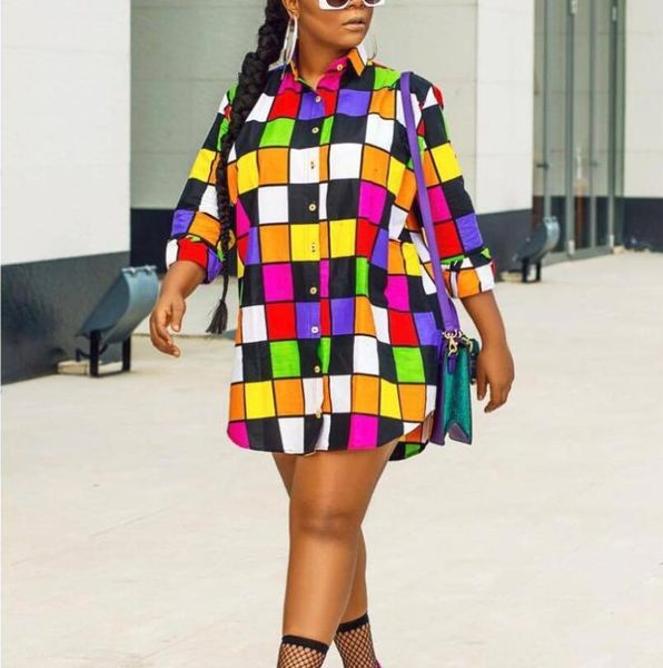 

casual dresses s-4xl women's clothing fashion shirt lapel full-sleeve colorful grid wild loose sunscreen dress female high quality, Black;gray