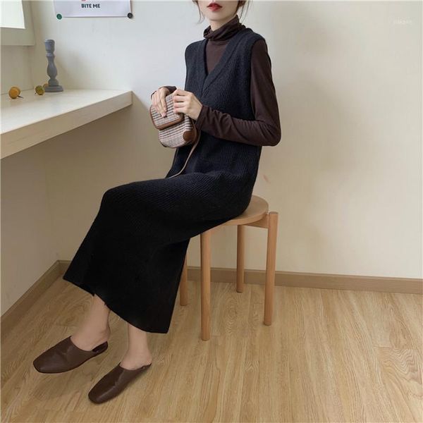 

women autumn winter v neck sleeveless long sweater dress long knitted vest dresses straight slim pullovers1, White;black