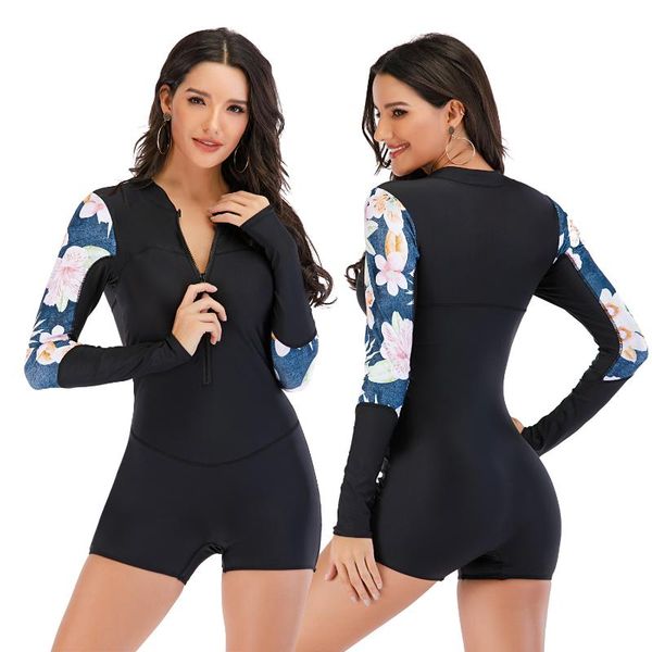 

one piece swimsuit women long sleeve jump suits zipper swimming suit push up swimwear bathing suit black sports beach wear