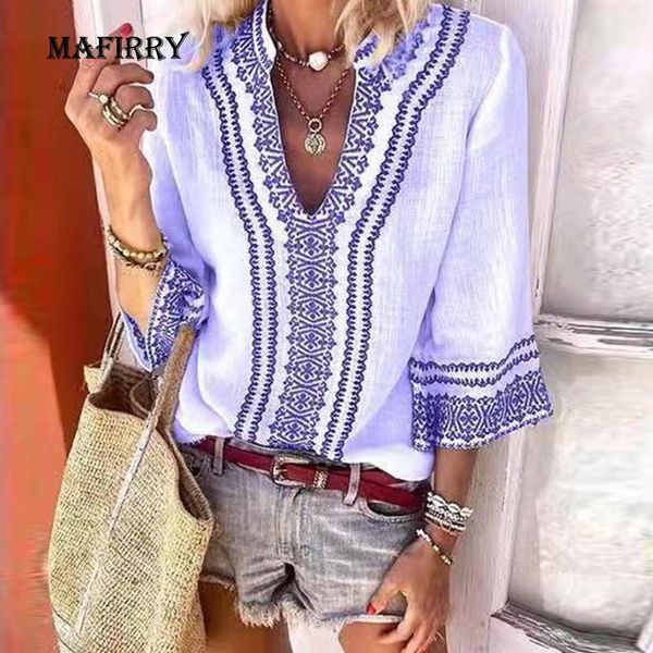

women's blouses & shirts casual women three quarter sleeve print blouse summer loose v neck bohemian hollow out elegant lady outdoor p, White