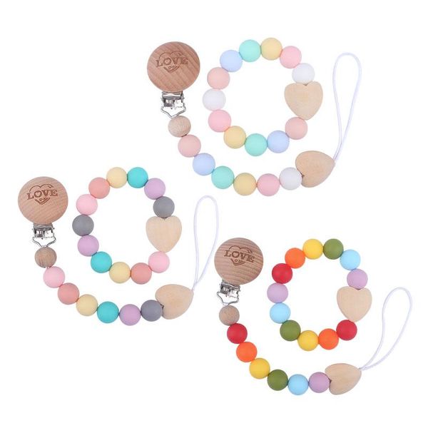 

pacifiers# 2021 style teether bracelet pacifier chain set baby soft silicone bead wooden love infant products