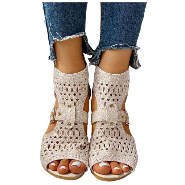 

sandals vintage sandales hollow out zip up women fashion outdoor wedge crystal open toe beach shoes woman footwear, Black