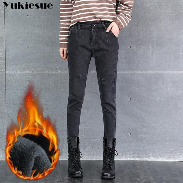 

women's jeans winter warm woman vintage plus size with high waist boyfriend for women thick denim harem pants trousers, Blue