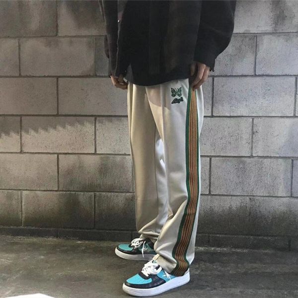 

2021 new beige men women butterfly embroidery needles sweatpants streetwear awgw pants side stripe patchwork o7zl, Black