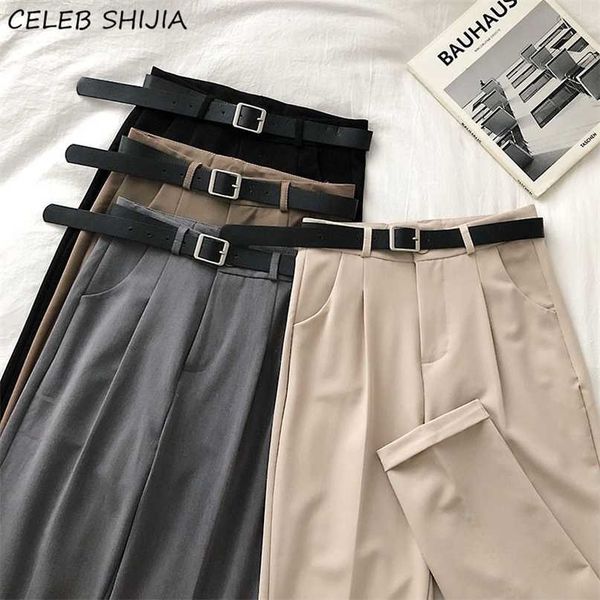 

spring gray pants woman with belt high waist elegant straight leg office lady business chic baggy trousers clothes 211115, Black;white