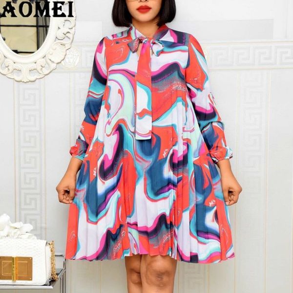 

2021 new women printed pleated es long sleeve with bowtie collar loose female vestidos african fashion summer robes large size u6j4, Black;gray