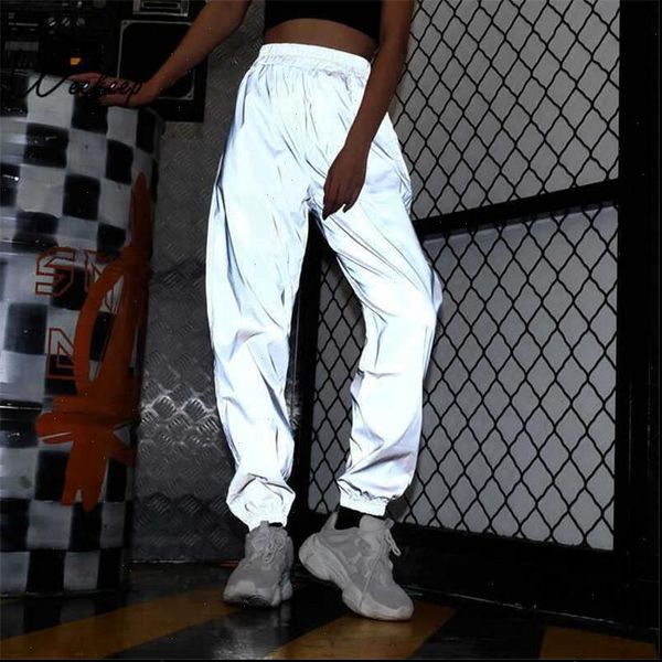 

streetwear women sweatpant flash reflective pants joggers hip hop dance show party night jogger baggy trousers plus size 3xl, Black;white