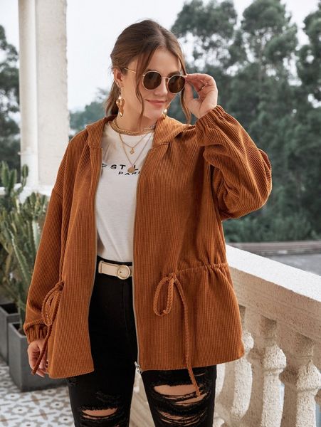 

plus drop shoulder drawstring waist hooded corduroy jacket 278c#, Black