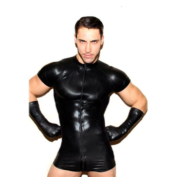

2021 new wet look latex catsuit faux leather mesh jumpsuits black stretch pvc bodysuits clubwear men open crotch lingerie body suit wt2, Black;white